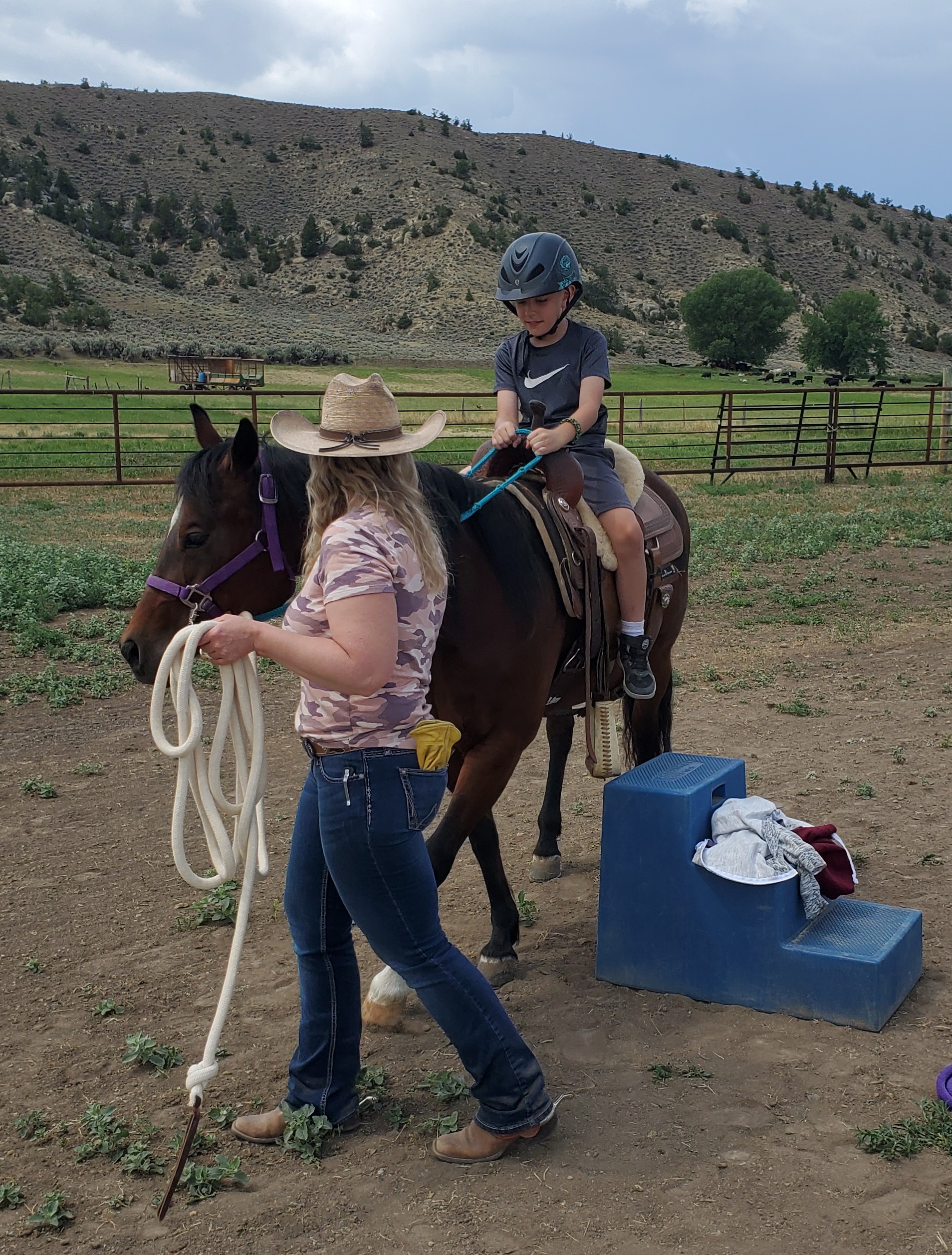A young rider learning to control a horse for the first time